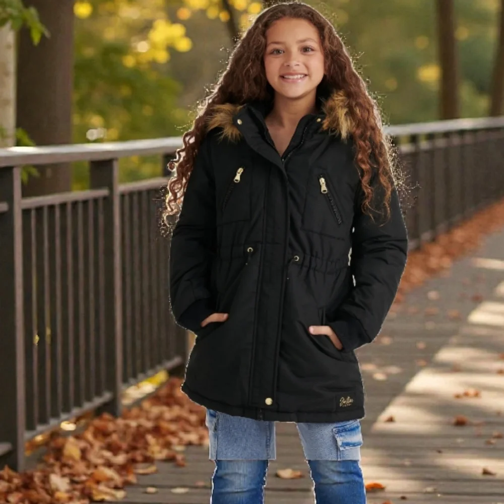 Justice Stylish Girls Black Hooded Parka Coat with Faux Fur Trim Kids‎ Jacket